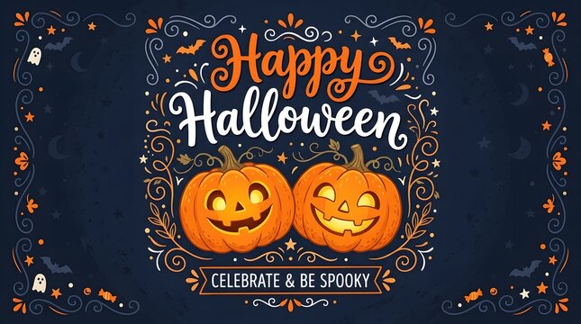 Decorative happy halloween greeting card design featuring carved jack o lantern pumpkins and intricate hand drawn floral elements