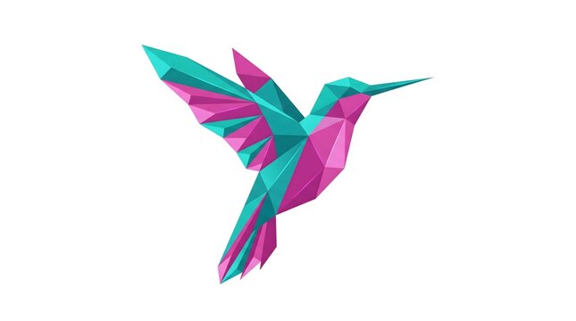 Dynamic 2D geometric low poly illustration of a colorful hummingbird on white background