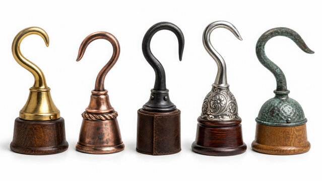 Five decorative pirate hooks with different metallic finishes and wooden bases generated using ai