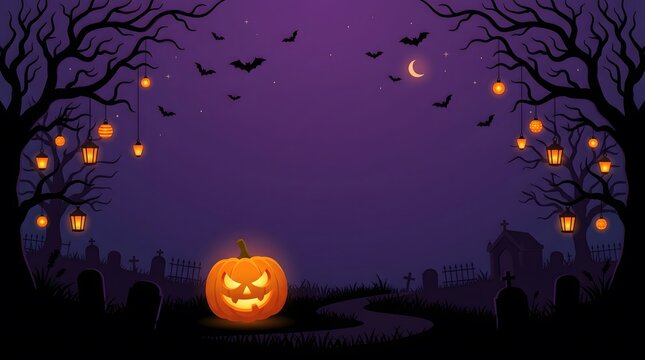 A festive happy halloween background featuring a glowing jack o lantern and spooky trees under a purple sky