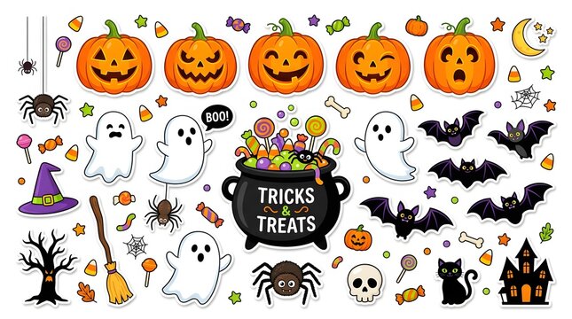 Set of cute hand drawn elements for happy halloween celebration featuring pumpkins ghosts bats and spooky decorations