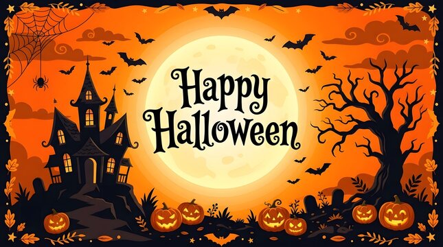 A spooky haunted house background with a bright full moon and pumpkins wishing everyone a happy halloween