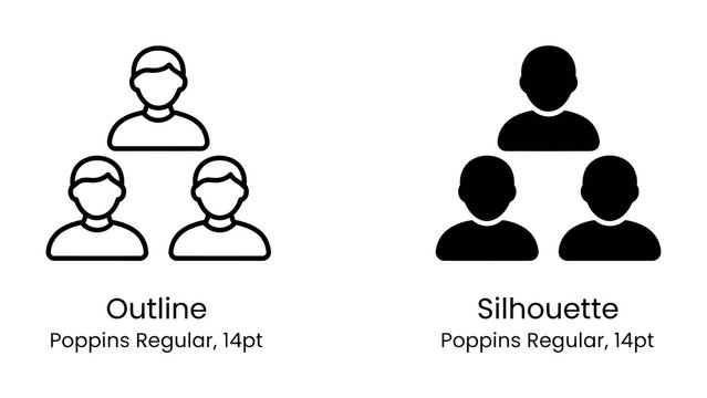 Team Icons: A comparison of two distinct styles of group icons, featuring three stylized figures arranged in a triangular formation. The icons are presented in outline and silhouette formats.