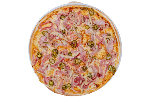Spicy meat lovers pizza with ham and jalapenos