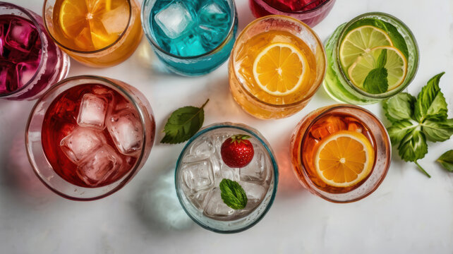 Colorful non alcoholic drinks with ice and citrus on white surface
