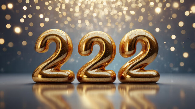 Golden numeral 222 on reflective surface with festive bokeh light