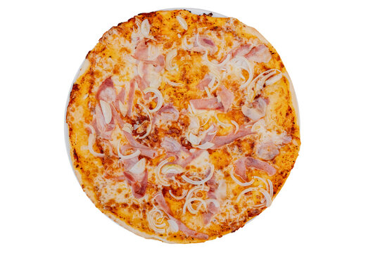 Pizza with ham and onion rings, cheese melting on crust