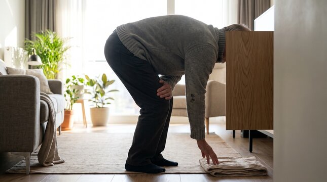 Senior man bending over in living room to reach for folded textile