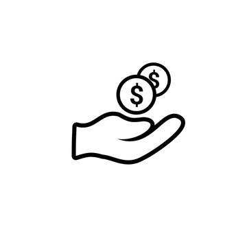 Hand Holding Coins: A simple line icon depicting an open hand receiving two coins, representing financial concepts like payment or investment.