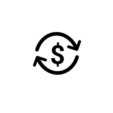Currency Exchange Icon: A minimalist black and white icon depicting the dollar sign enclosed within a circular arrow, symbolizing currency exchange or financial transactions.
