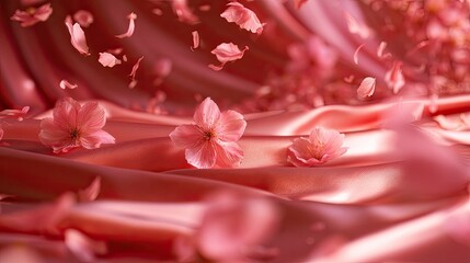 Obraz premium Delicate pink petals drift across shimmering rose-hued satin fabric