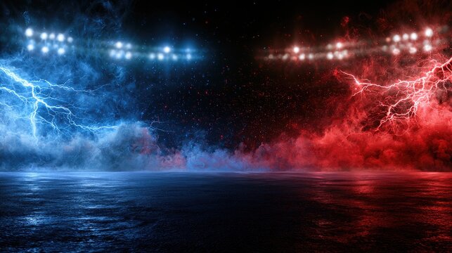 Dramatic opposing forces of blue and red lightning clash amidst smoke