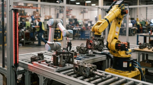 Collaborative robot and industrial robot in the same assembly cell with gearbox parts, safety light curtain, and conveyor rollers