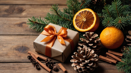 Fototapeta premium Christmas gift flat lay with orange ribbon, pine cone, orange fruit and evergreen