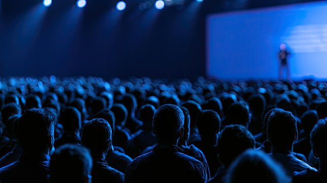Audience watches a speaker on a brightly lit stage in a large, dark venue