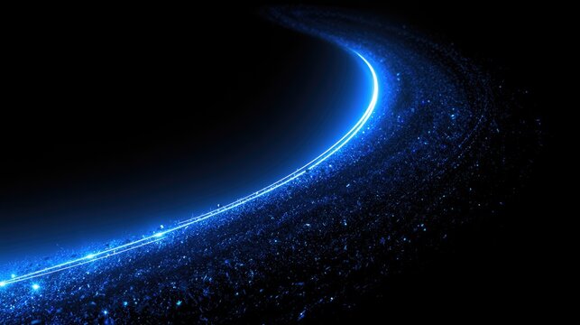 A swirling, luminous blue trail of light particles curves across a dark background