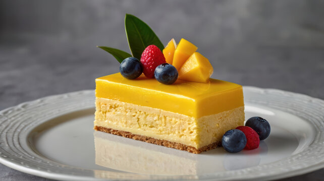 Mango mousse cake fruit garnish dessert slice plate glossy glaze mango raspberry blueberry sweet
