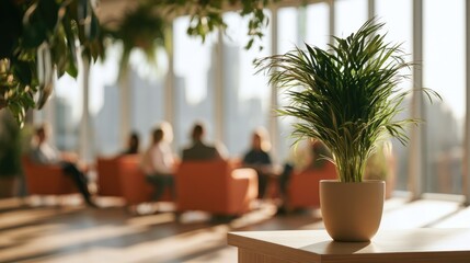 Fototapeta premium Bright, modern office lobby with people and plants