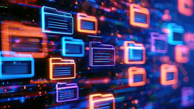 Abstract digital data folders glow with neon light against blurred bokeh background