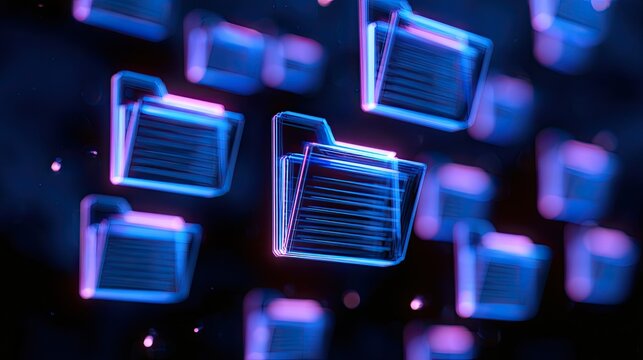Digital folders organized in a dark, glowing, abstract network