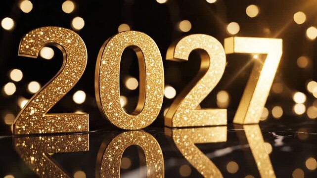Golden glitter 2027 numbers on reflective surface with bokeh