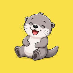 Cute Otter Illustration Sitting Happy Yellow Background