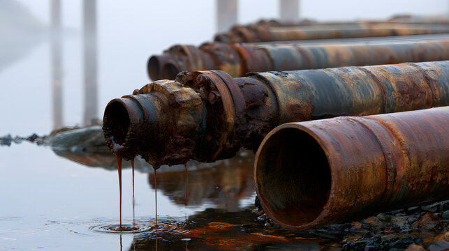 Oil pipes that are rusty and have joints that leak in an industrial tank farm, displaying hues of rust and reflections in still water against a backdrop of mist.