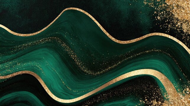Ethereal emerald waves with shimmering gold accents and dark, abstract textures
