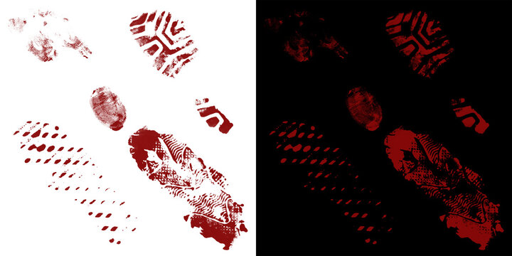 Bloody shoe prints on white and black backgrounds, horror crime scene boot footprints, red blood splatters for halloween design
