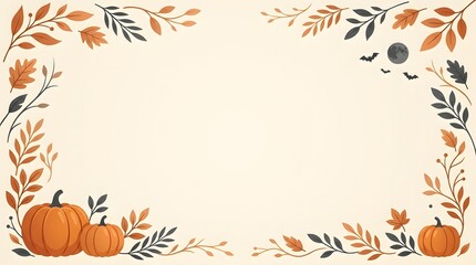 Fototapeta premium Elegant Halloween Autumn Border with Pumpkins, Leaves, Bats and Moon on Cream Background