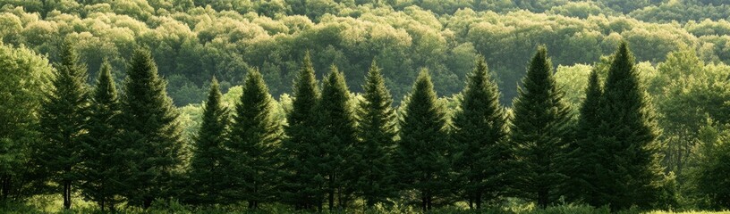 Fototapeta premium A row of evergreen trees stands before a sun-drenched, hazy forest