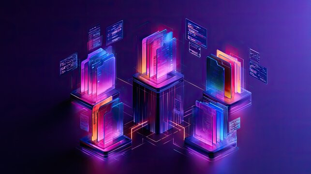 Abstract isometric digital data servers with glowing holographic displays