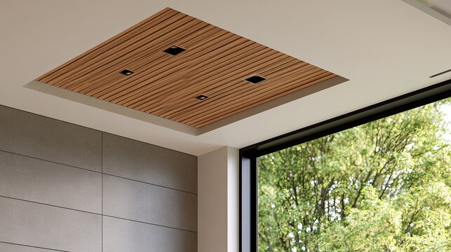 Modern recessed ceiling with wood slats and integrated lighting
