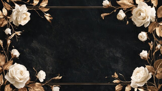 Elegant floral border with creamy roses and gilded leaves on dark slate