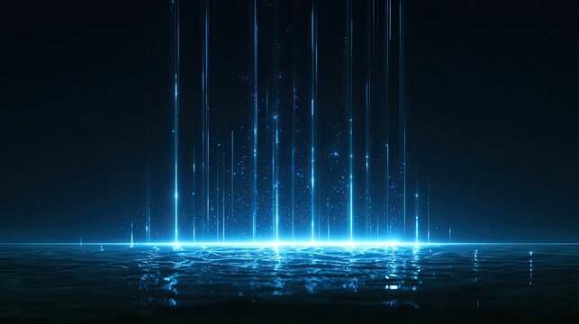 Glowing blue beams ascend from rippling water surface into darkness