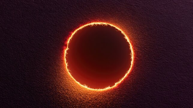 A fiery ring emanates from a dark void, set against a textured, shadowed background