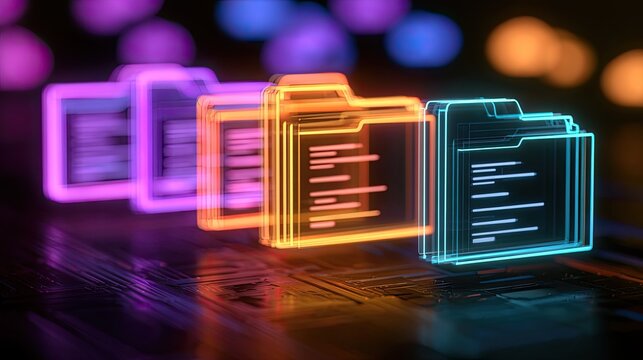 Glowing digital file icons arranged in a row on a circuit board