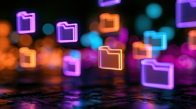 Glowing digital folders float in a blurred, vibrant, technological background