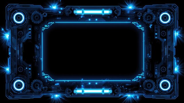 Futuristic glowing blue digital screen frame with intricate mechanical details