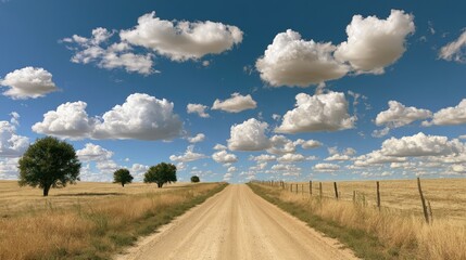 Fototapeta premium A rural dirt road stretches to the horizon under a vast, cloud-filled sky