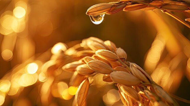 Golden rice stalks shimmering with dew drops in warm sunlight
