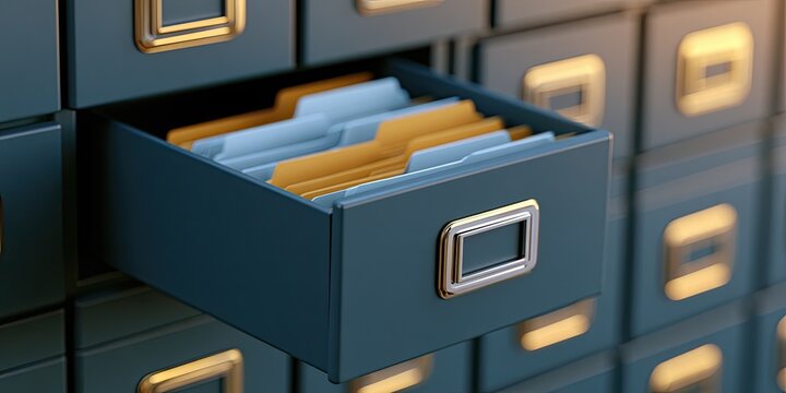 A close-up of a vintage card catalog drawer filled with manila folders