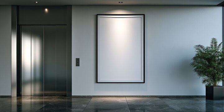 A modern lobby with a sleek elevator, empty poster frame, and plant