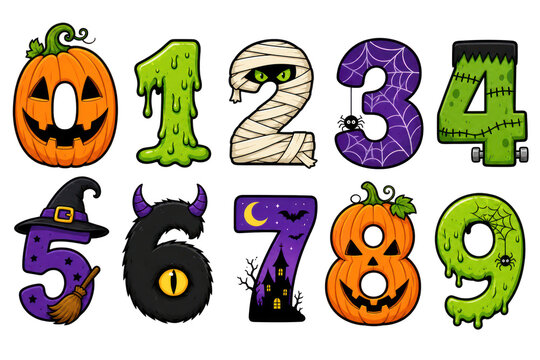 Cute Halloween numbers 0-9 illustration set, colorful cartoon digits with pumpkin and slime, kids counting design isolated PNG with Transparent Background