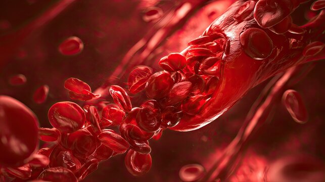 Microscopic view of vibrant red blood cells flowing through a blood vessel