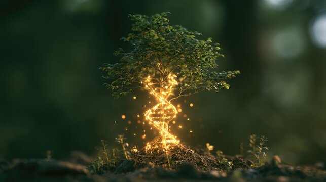 Small tree with glowing DNA strand at its base, emerging from soil