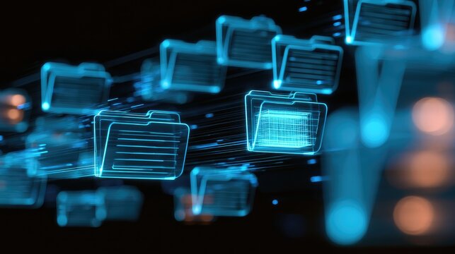Digital folders with glowing data streams connect and transfer information