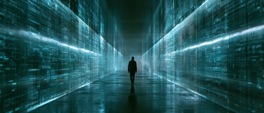 Distant Person Silhouette Walking Through Futuristic Light