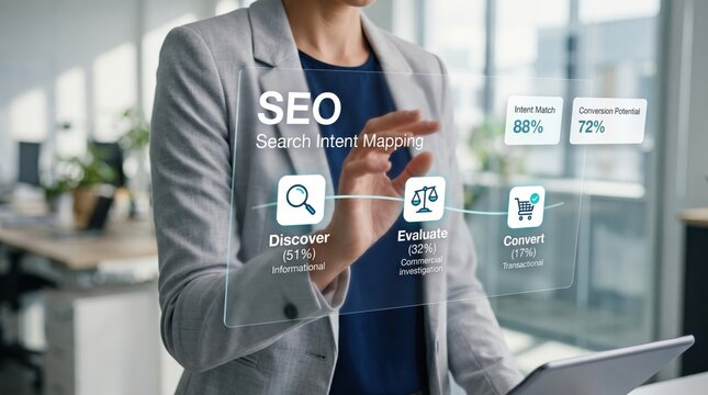 Businesswoman analyzing SEO search intent mapping with digital interface in modern office promoting search marketing success