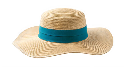 Naklejka premium A stylish summer straw hat with a blue ribbon isolated on transparent background